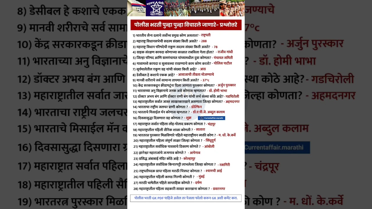 Maharashtra Police Bharti General Knoweldge | GK Police Bharti IMP Questions And Answers