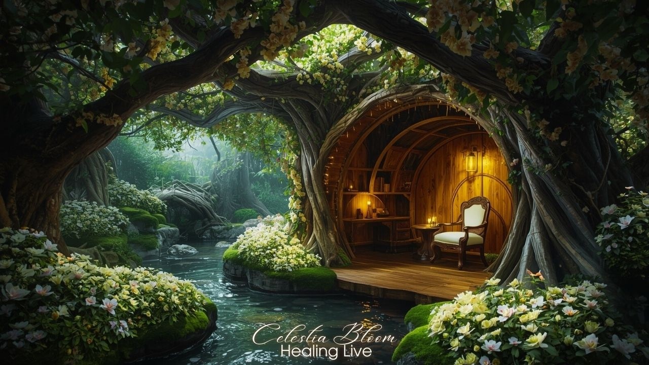Hidden Elven Forest Cottage LIVE 24/7 🌿🏡 | Relaxing Elf Music & Gentle Waterfall Nature Ambience