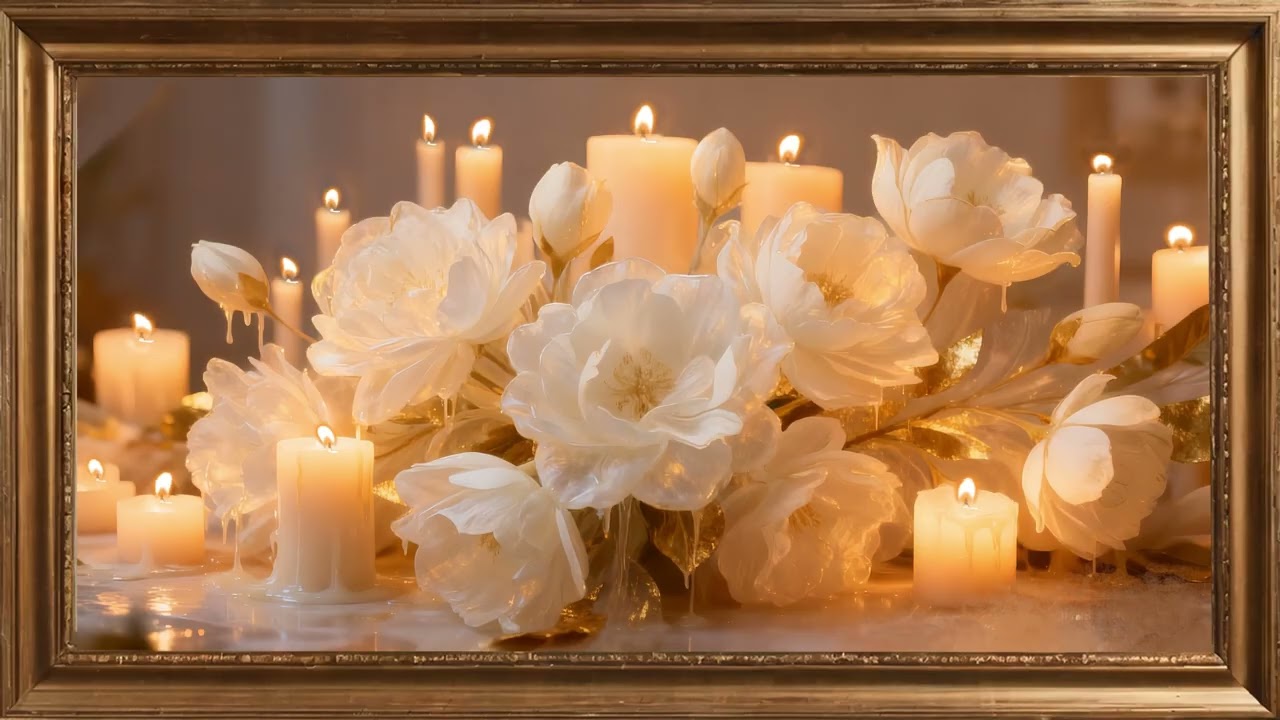 Luxury Floral Still Life & Candles. Gold framed Vintage art screensaver. 4k TV Painting background.