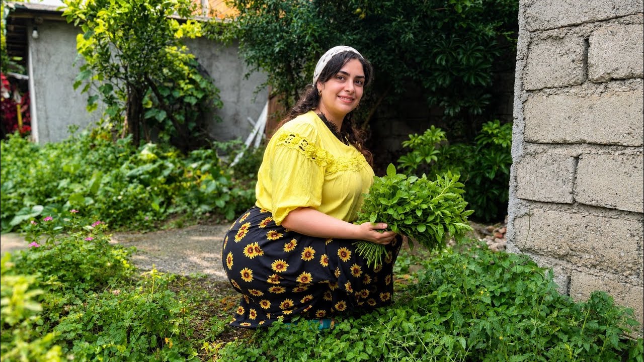 Fresh Garden Herbs Harvest 🌿 | Cooking a Traditional Village Meal with Farm Eggs & Walnuts