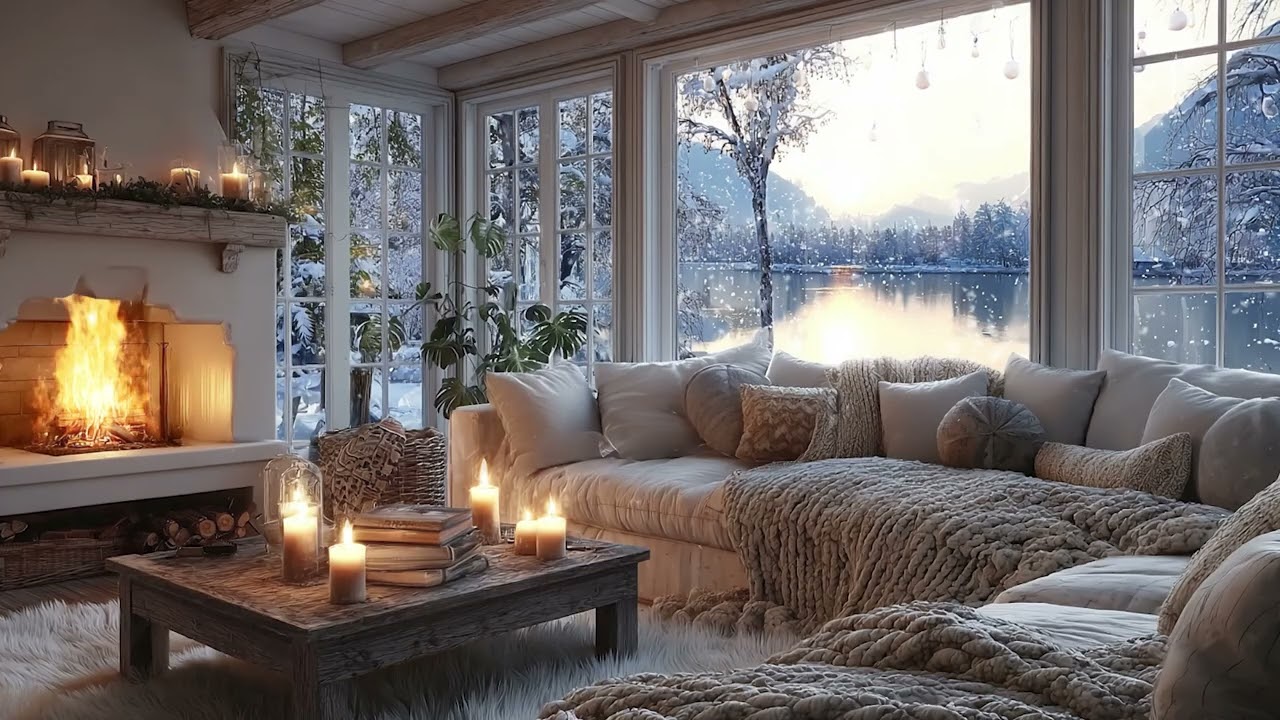3 Hours Cozy Winter Piano | Warm Fireplace & Falling Snow for Deep Sleep