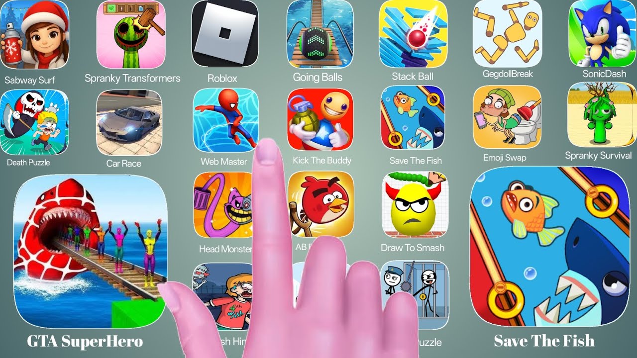 Save The Fish, Sprunki Survival Roblox, Death Puzzle, kick The Buddy, GTA5 Super Hero,