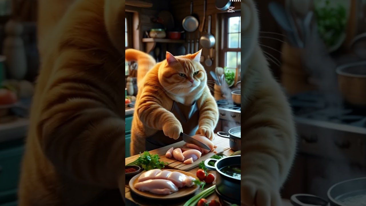 The Master Chef CatIn a bright and cheerful kitchen, a chubby orange cat takes on the #cat #funny#ai