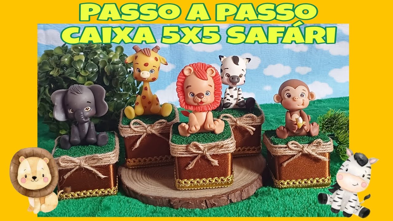 passo a passo caixa 5x5 tema Safári com biscuit 🦁🦓🦒🐘🐵🌴🌳🌿 #festasafari #personalizadosdeluxo #safari