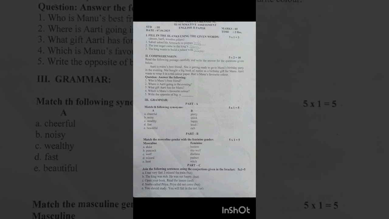 3rd std Term 3 English II Annual exam question paper 2025