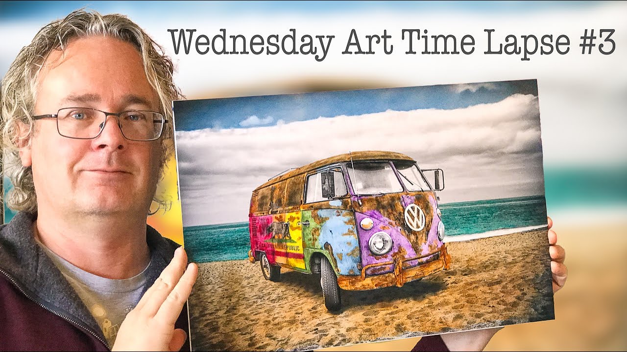 Wednesday Art Time Lapse #3: Hand Coloring of Black and White Photo of 1967 Volkswagen Bus on Beach