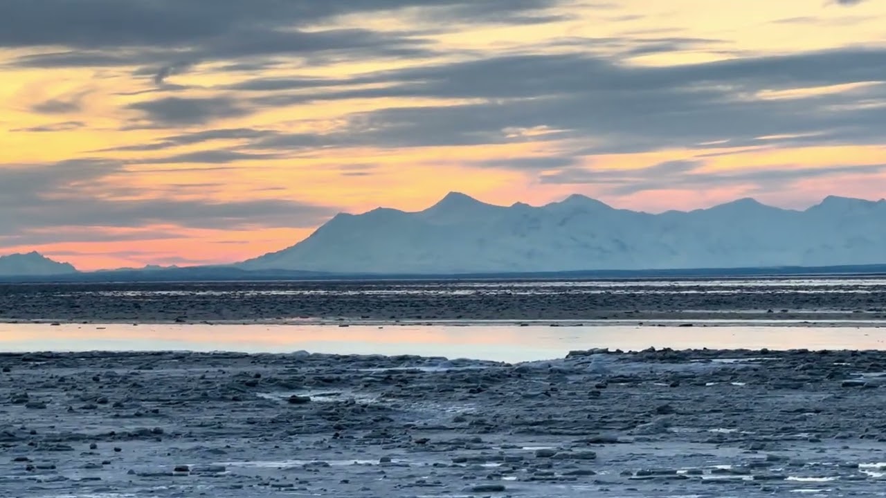 Panoramic Sunset View of Alaska’s Cook Inlet Seen from Pt Woronzof at Anchorage Airport to Mt Spurr