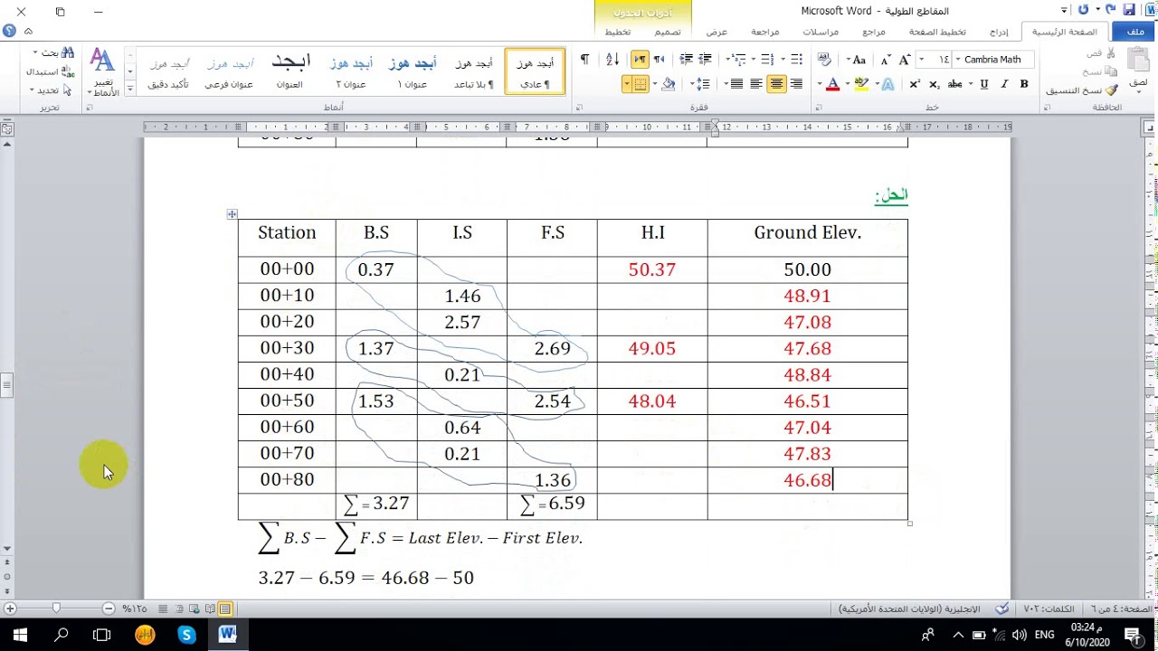 محاضرة المساحة الهندسية/ موضوع المقاطع الطولية/ مثال 2