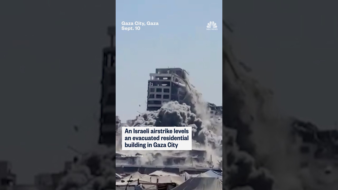 An Israeli airstrike levels an evacuated residential building in Gaza City.