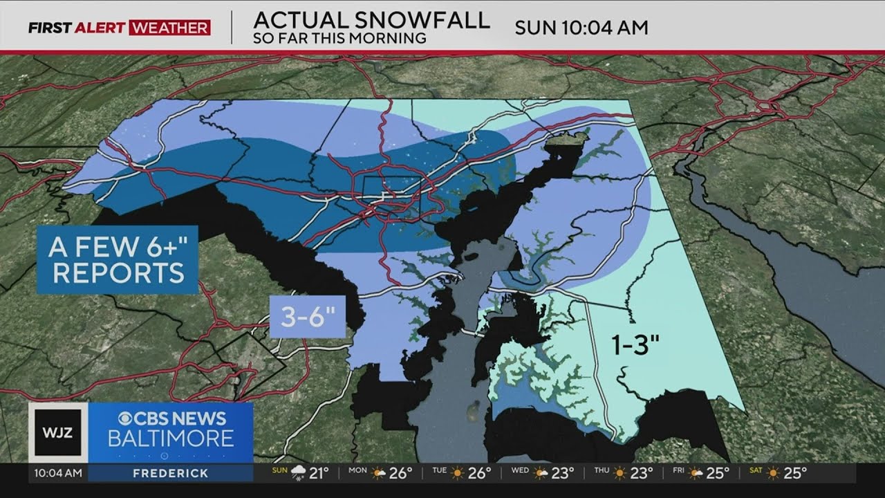 Snow totals, road conditions and timing for sleet in Maryland