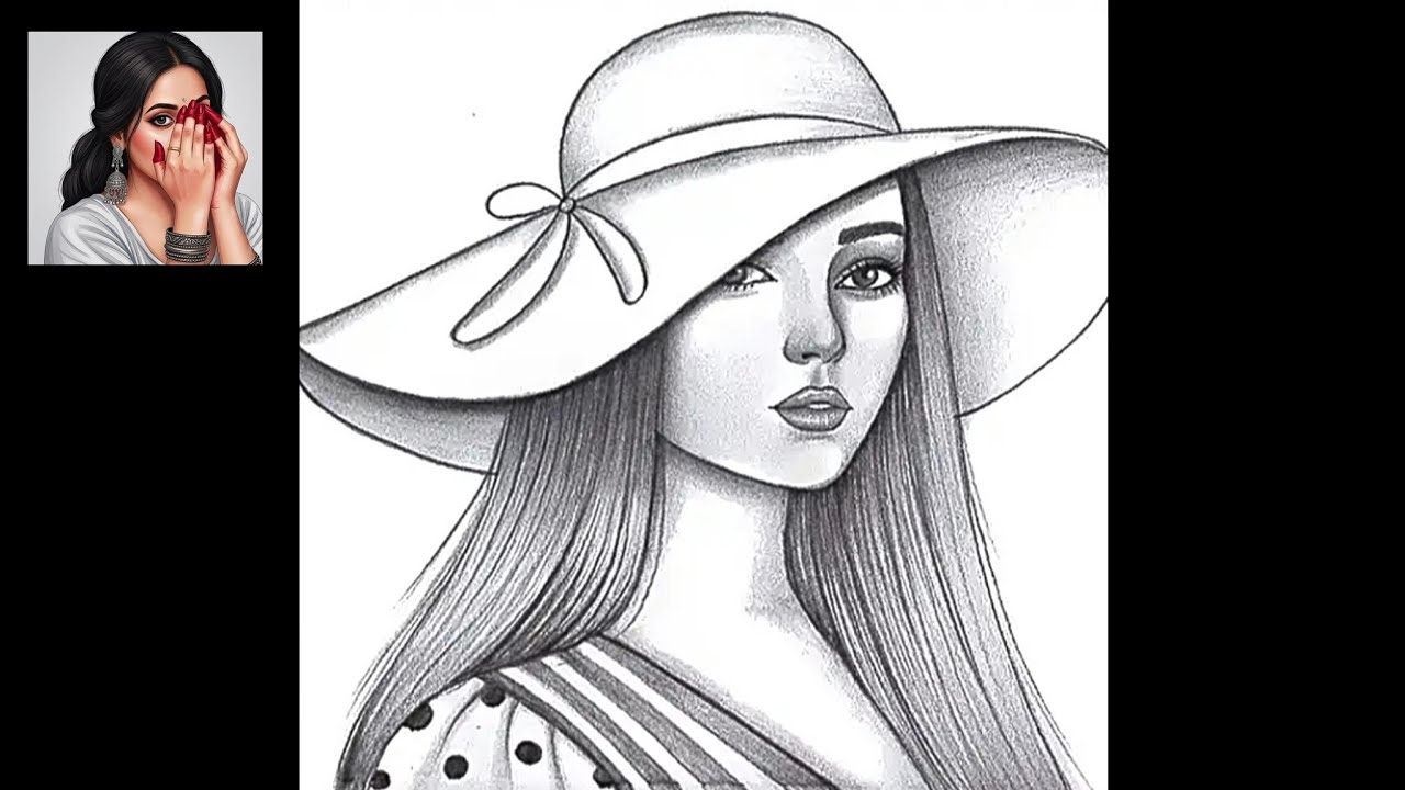 Realistic Girl Drawing with Big Hat | Fashion-Inspired Pencil Art”Aesthetic Girl with Wide Brim hat