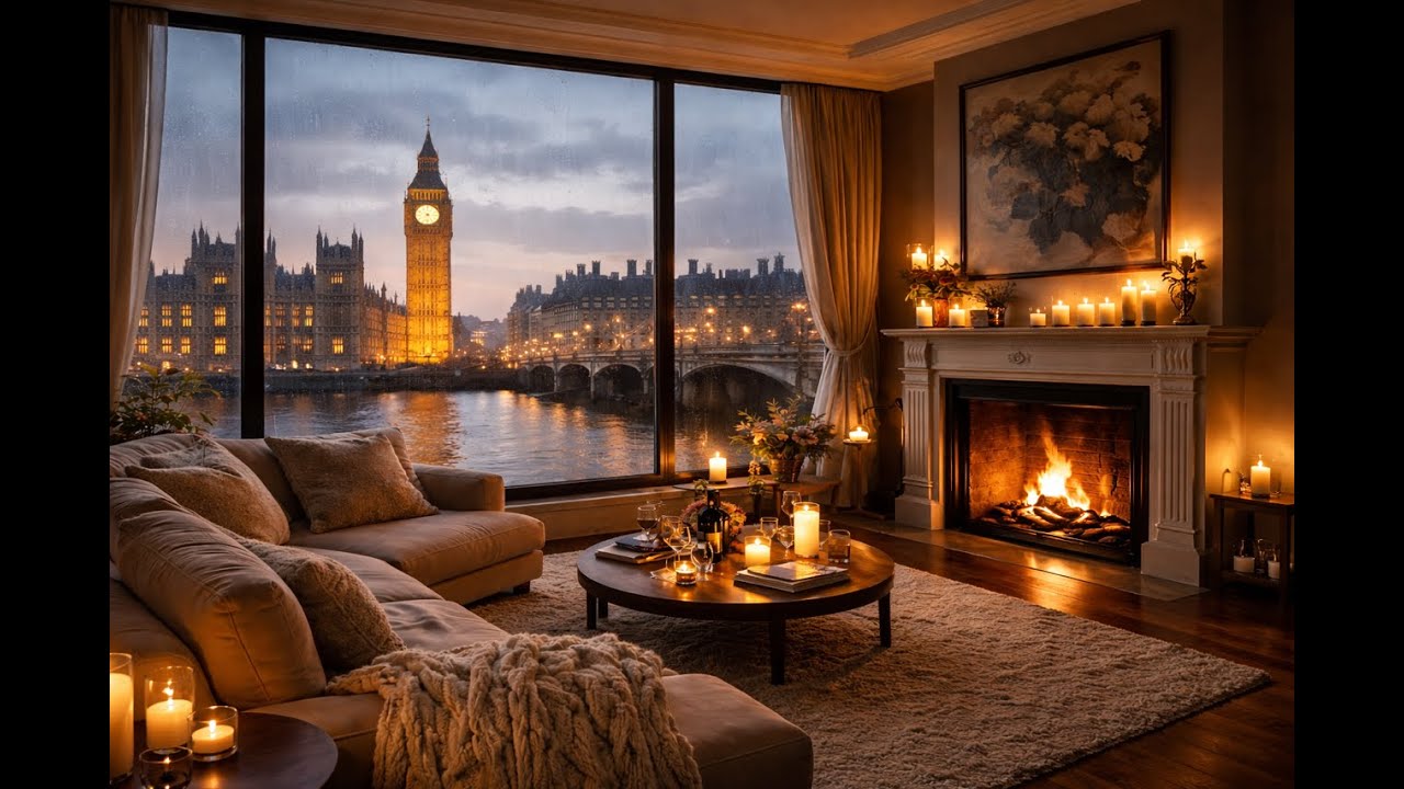Luxury Cozy London Night Ambience | Big Ben by the River Fireplace Warmth Rain & Relaxing Jazz 🎷🔥