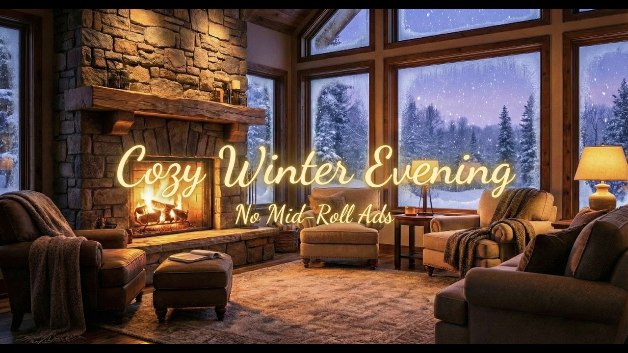 Cozy Winter Evening at Mountain Cabin Lodge 🔥 Crackling Fireplace & Snow Ambience (NO MID-ROLL ADS)