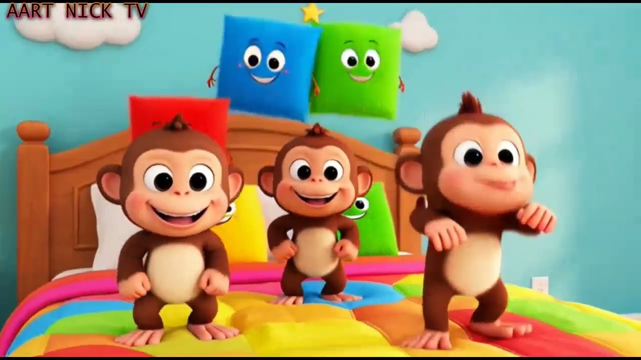 Five Little Monkeys Jumping on the bed -3D Animation English Nursery rhyme for children AART NICK TV
