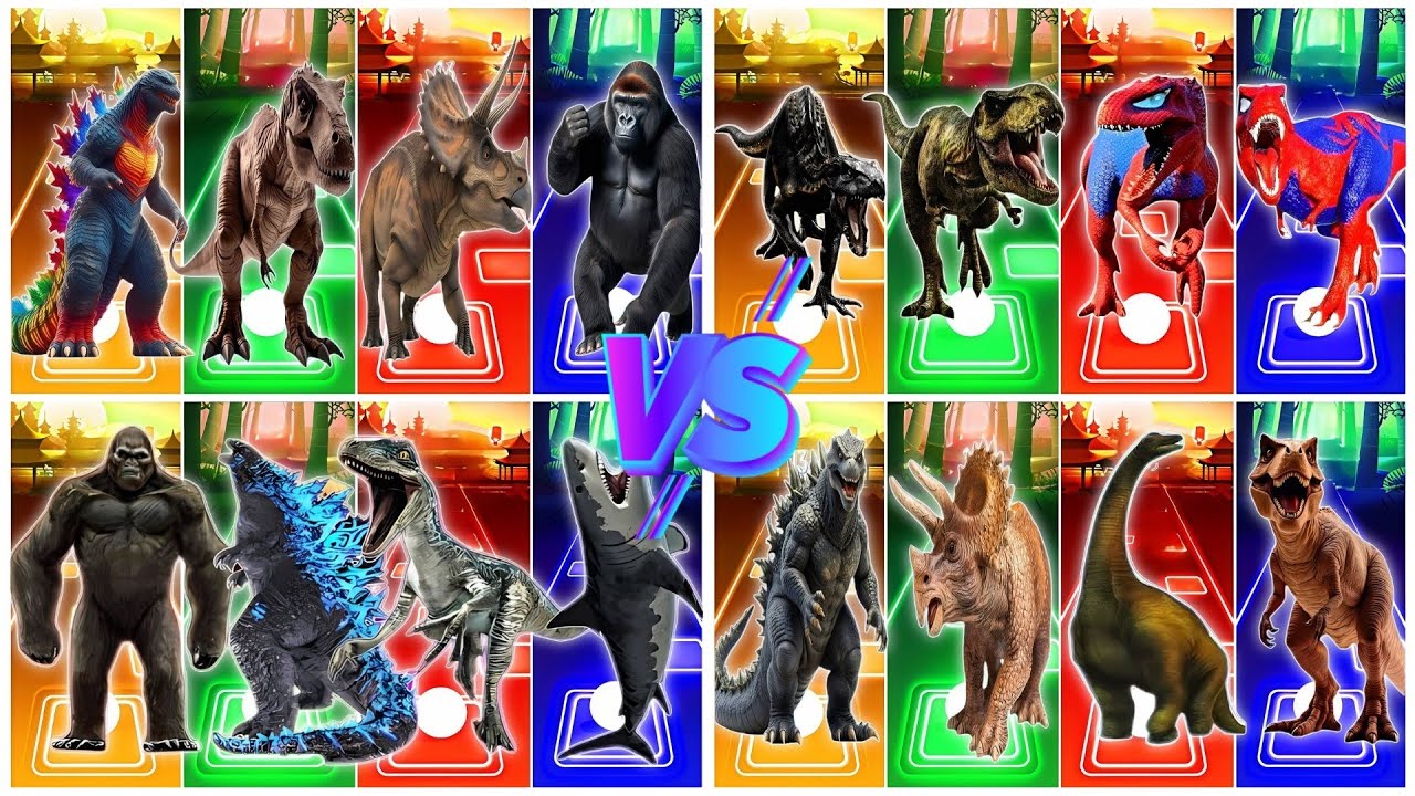 🦕Triceratops🆚The Tyrannosaurus🆚The Triceratops🆚World King Kong🎶Coffin Dance Song!!Tiles Hop EDM Rush