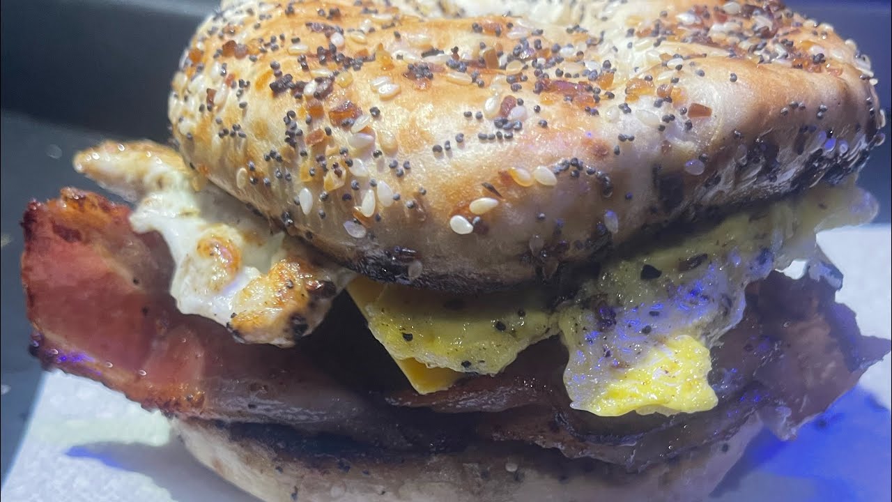 Cheap Truck Eating: BACON Egg and cheese on an Everything Bagle. FRESH INGREDIENTS 