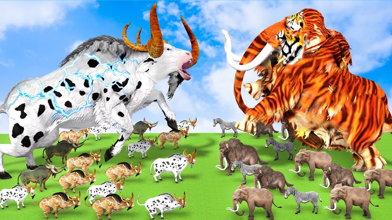 3 Zombie Bulls Vs Giant Tiger Mammoth Elephant Fight Cow Cartoon Elephant Save by Woolly Tiger Mammo