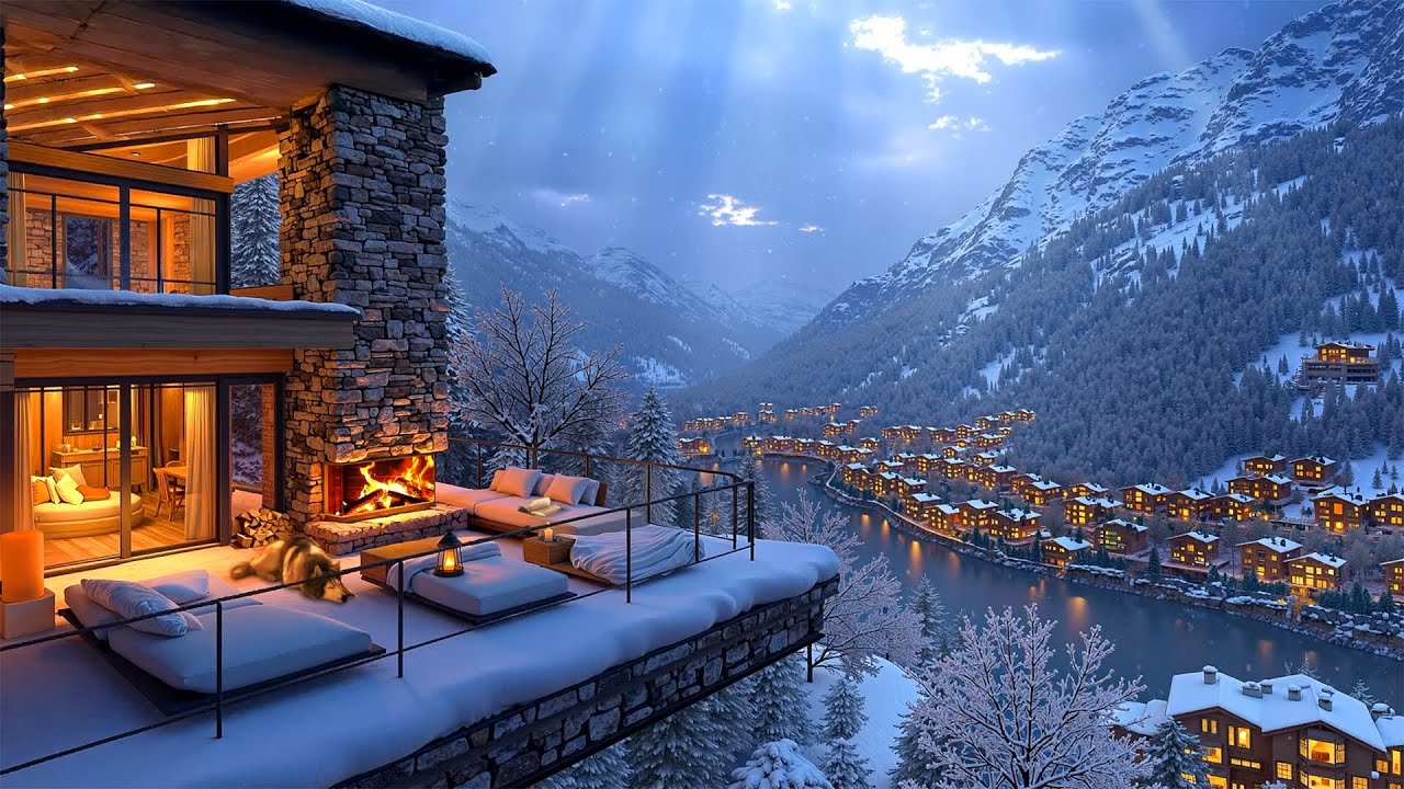 Relaxing Winter Escape ❄ Warm Jazz, Snowy Terrace & Fireplace for a Serene & Peaceful Night Retreat
