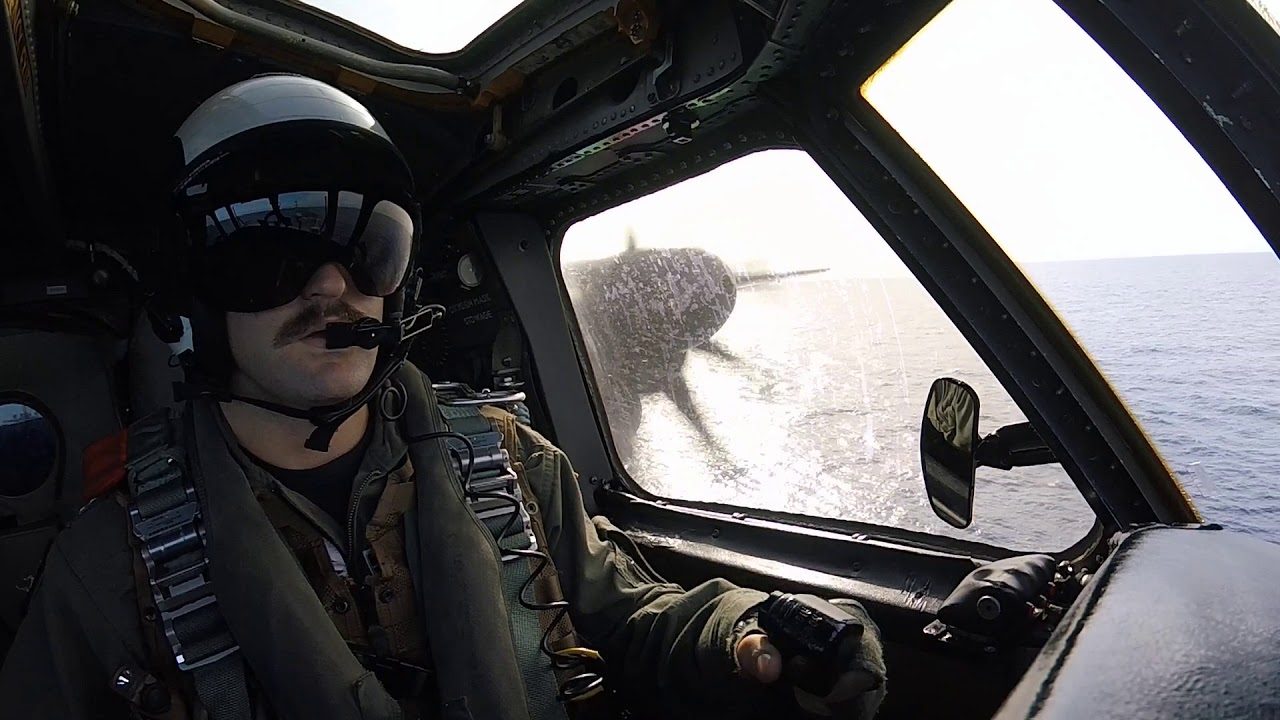 E-2C Hawkeye approach turn, carrier landing (and parking) aboard CVN70