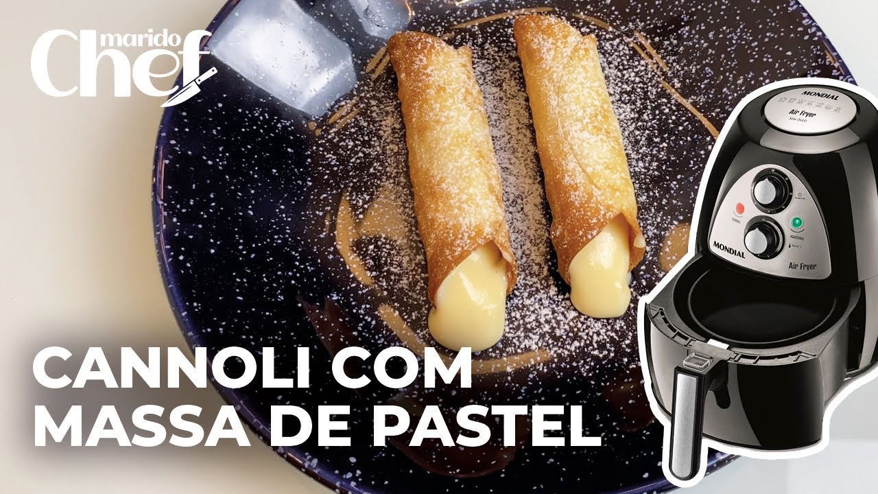 Receita fácil sem óleo! Cannoli com massa de pastel na Air Fryer e recheio de creme de confeiteiro.