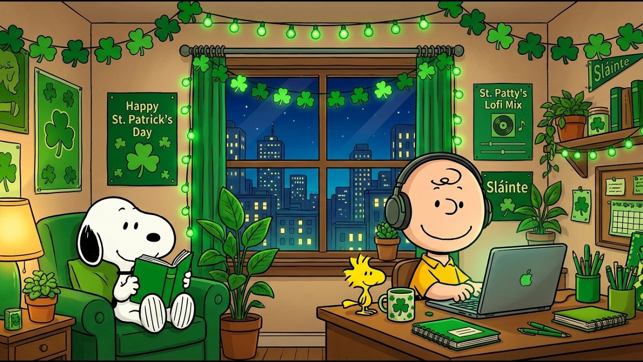 Snoopy Green City Study Night 🍀 Smooth Lofi Beats for Work & Focus 🎧 St. Patrick’s Day Ambience