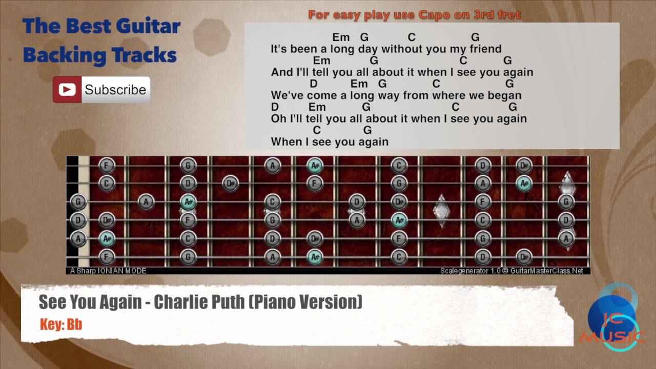 🎸 🎹 See You Again - Charlie Puth (Piano version) Guitar Backing Track with scale, chords and lyrics