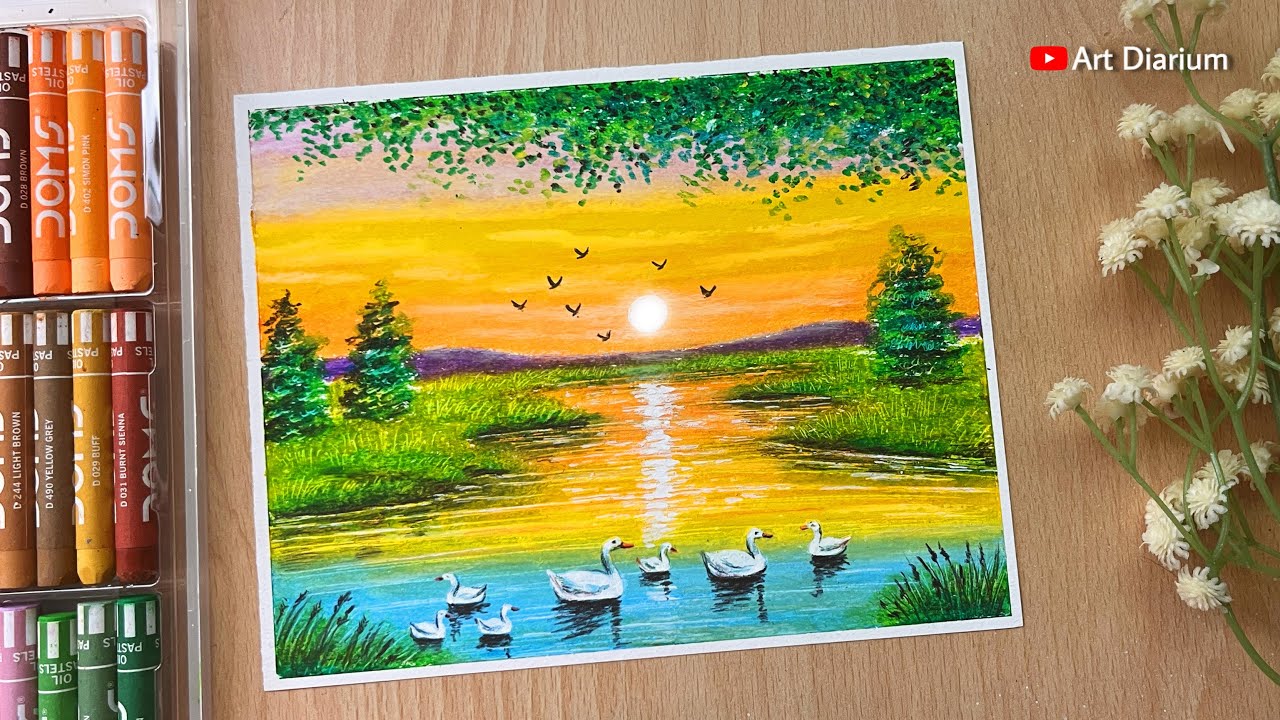 Pond Sunset Nature Drawing with Oil Pastels for Beginners- Step by Step