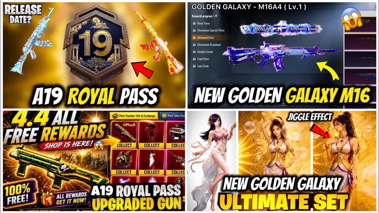 A19 ROYAL PASS FULL 3D LOOK😍| NEW GOLDEN GALAXY M16A4🪐| 4.4 NEW GOLDEN GIRL ULTIMATE SET🌕PUBGM/BGMI