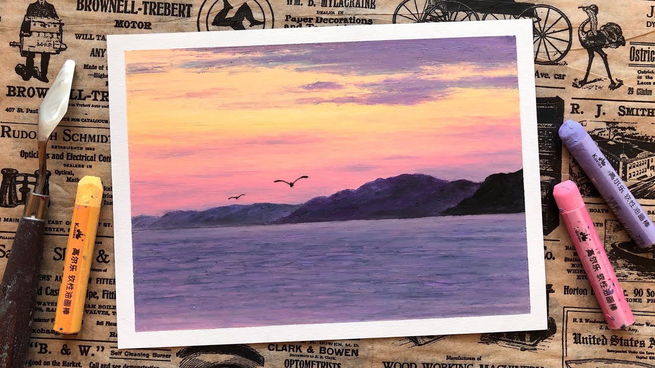 Flying over Ocean at Sunset 飞翔在落日余晖的海面之上  Oil Pastel Painting 油画棒 | easy drawing
