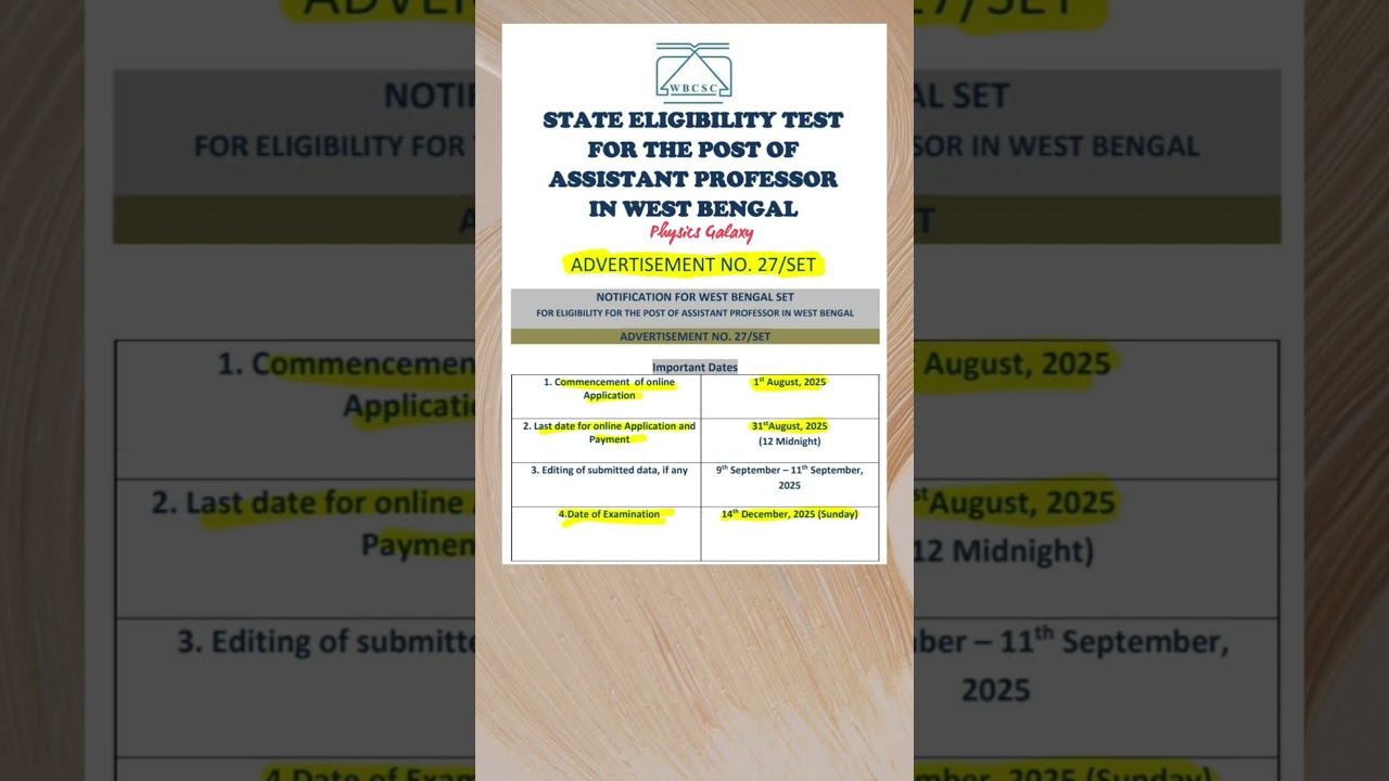 WB SET Exam Date Announced|27th SET Application Form Out🎯 #wbset #wbset2025  #setphysics #wbsetexam