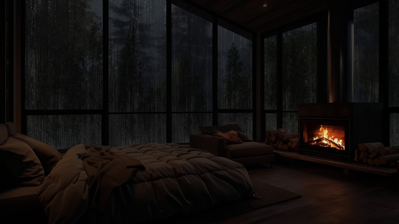Noite chuvosa na floresta tropical em cabana aconchegante com lareira e sons relaxantes