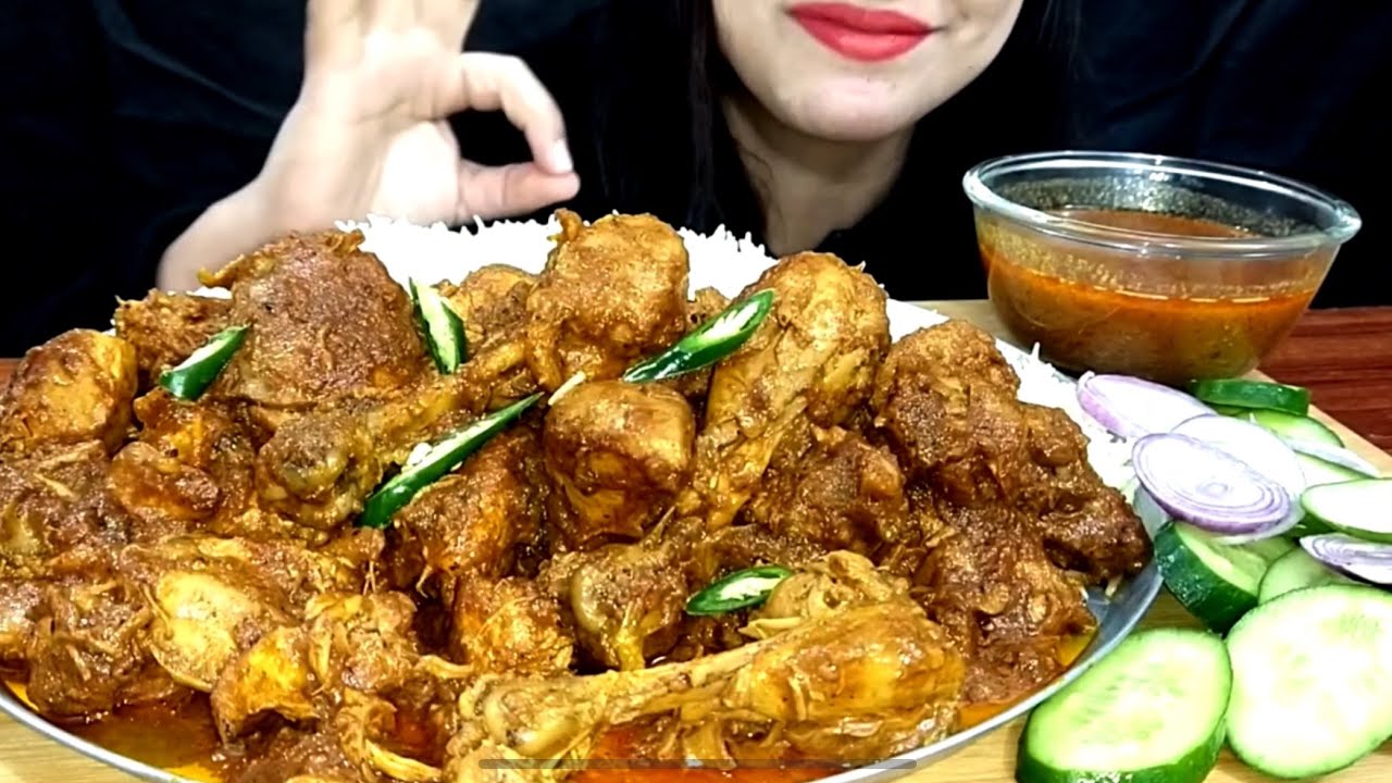 ASMR EATING*CHICKEN CURRY*+SPICY CHICKEN LEG CURRY+RICE+GREEN CHILLI+SALAD || MUKBANG