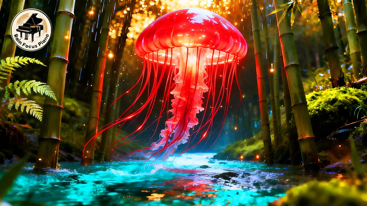 Neon Bamboo Forest Rain • Calm Piano & River Sounds for Stress & Anxiety Relief