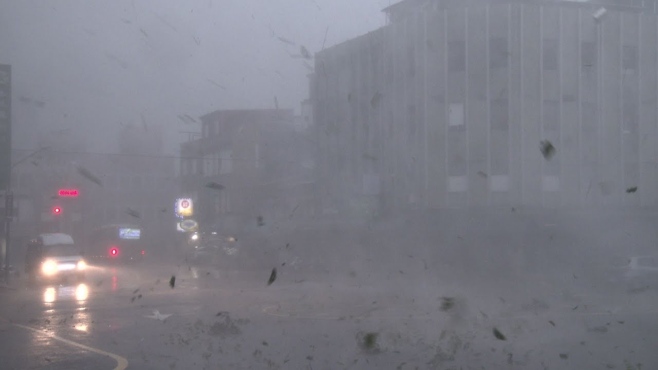 Powerful Eyewall Wind, Flying Debris, Flood Water Release - 4K Stock Footage Screener Typhoon Dujuan