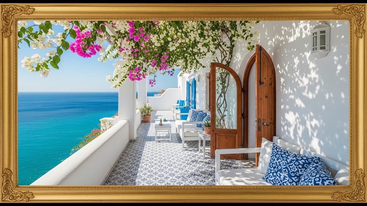 Greek Island Balcony View: Ocean & Bougainvillea | 4K Digital Canvas | Coastal Chic Art