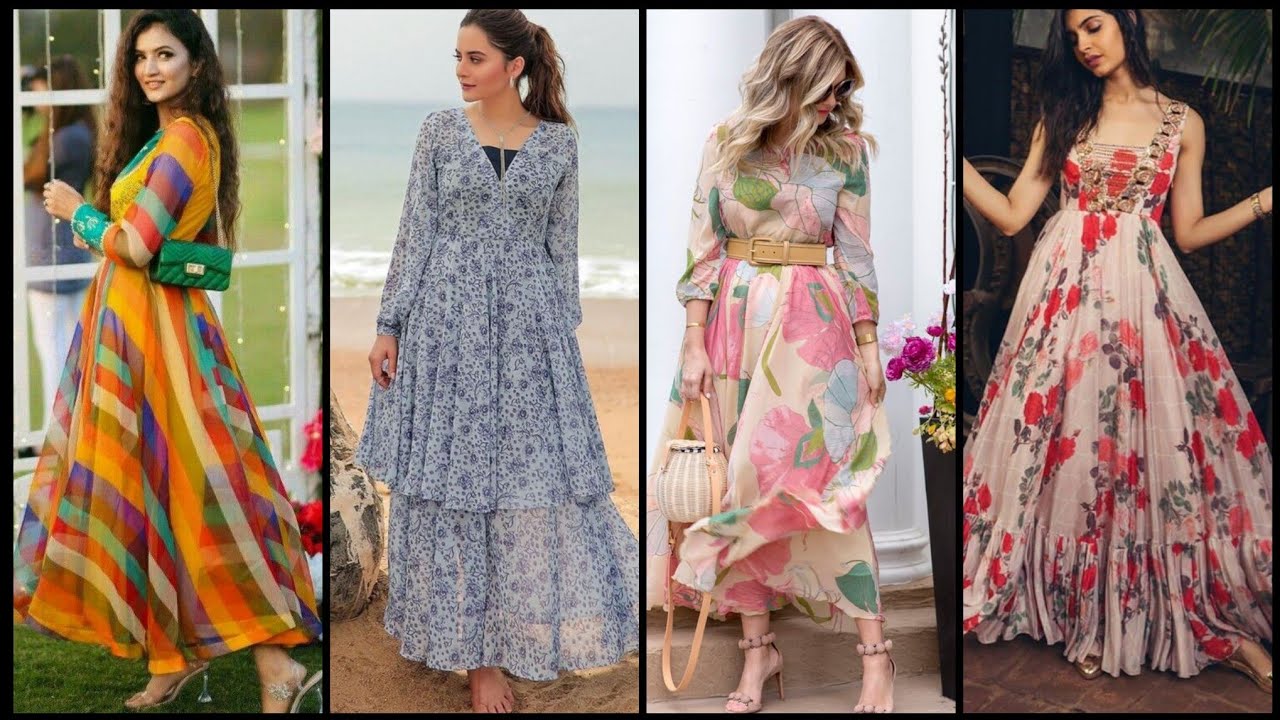 Stylish Chiffon Floral Maxi Dress Design 2023 | Gathered Frocks design | Chiffon Maxi Dress