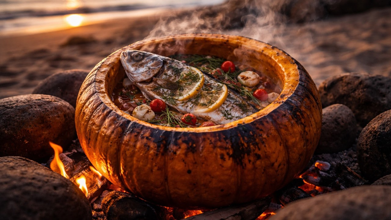 Cocinando un pez dentro de una Calabaza