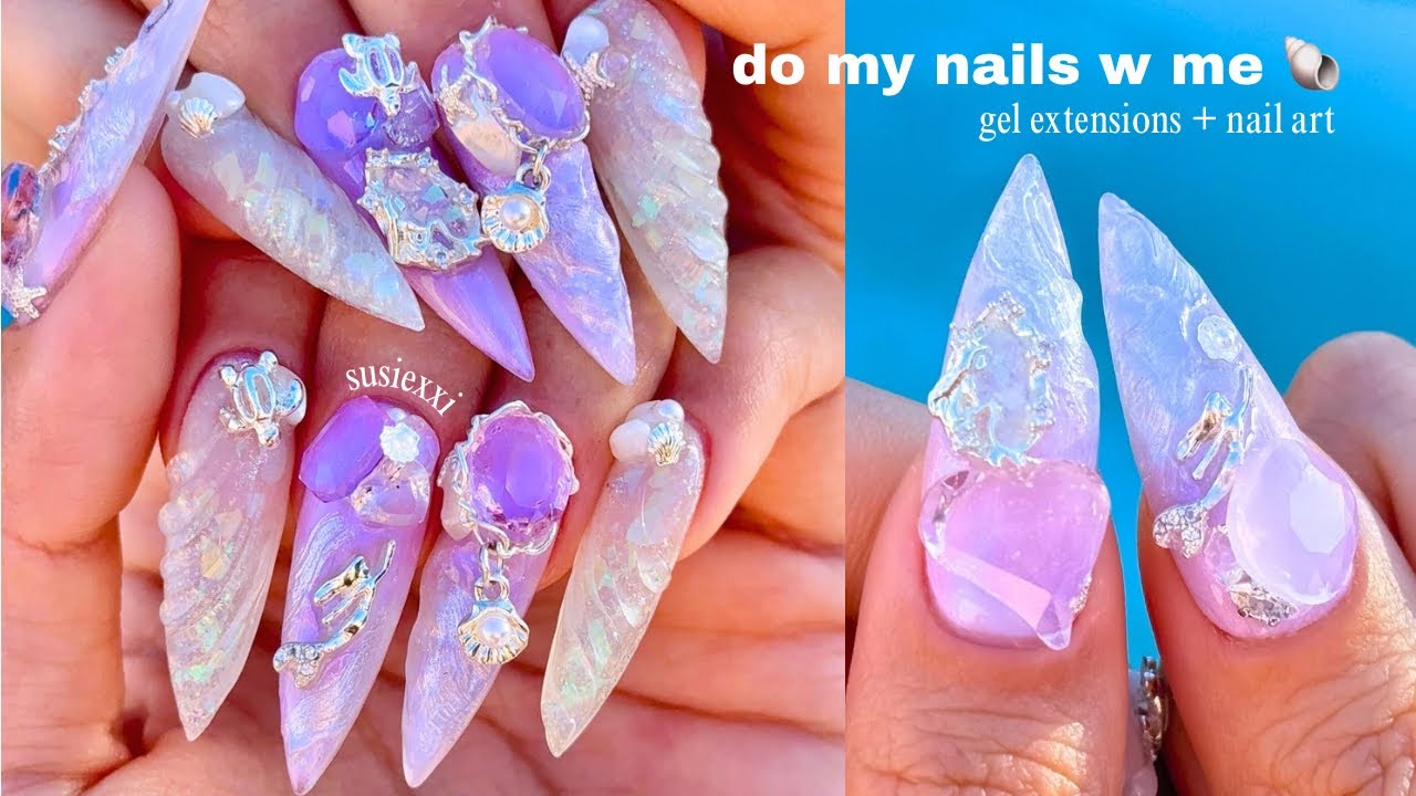 do mermaid nails w me 💜🐚 nail art, nail extensions, opal nails, gem nail art 🫧