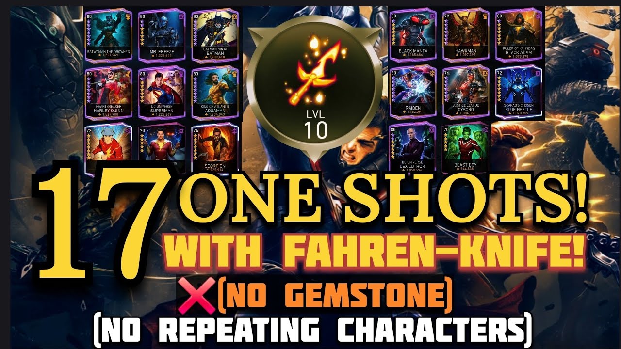 17 ONE SHOTS with FAHREN-KNIFE!🔥 (NO GEMSTONE) NO Repeatin Character H7 Solo Raid Injustice 2 Mobile
