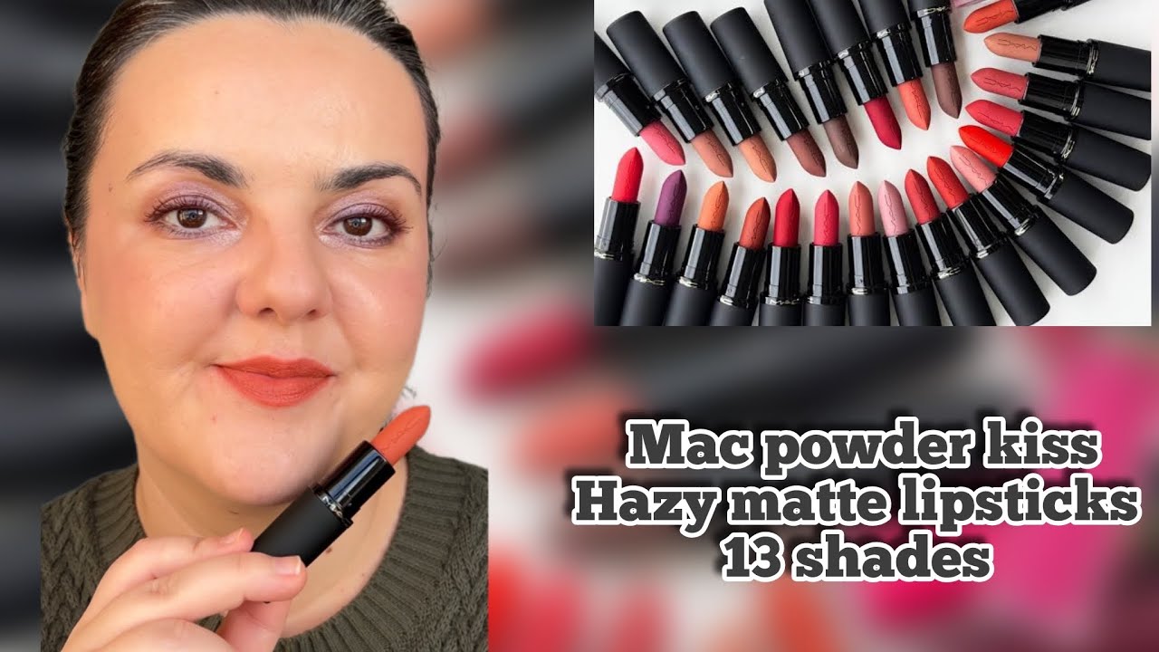 Mac Powder Kiss Hazy Matte Lipsticks 13 shades swatched on lips & hands in natural light