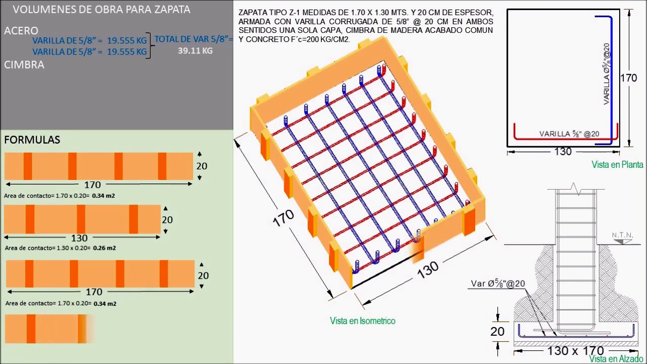 Calcular volumen de Acero Concreto y Cimbra para Zapata