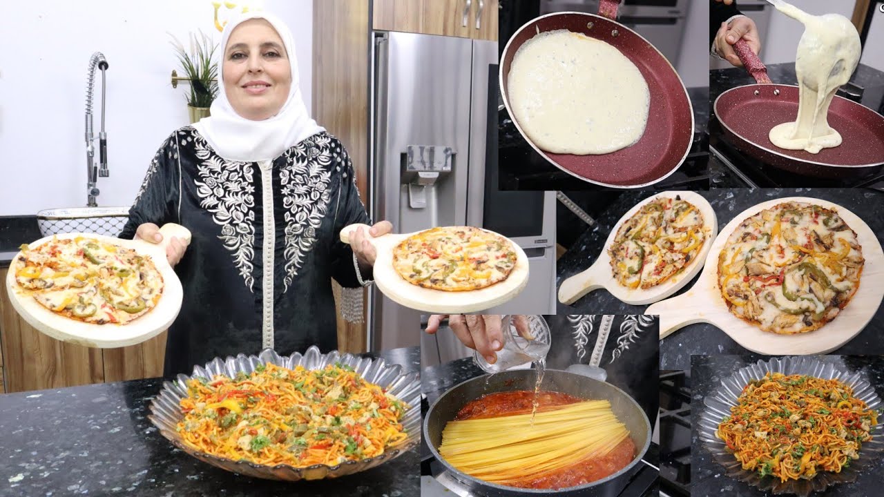 بيتزا بدون فرن✅مع سباغيتي بدون سلق✅والأهم عصفورين بحجر واحد👌نفس لاصوص والفلافل للبيتزا ولسباغيتي 😍