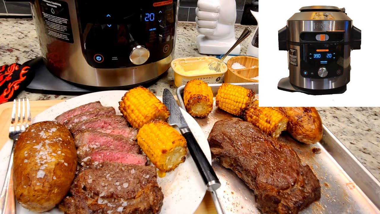Ninja Foodi Ribeye Steak & Potato & Corn on Cob in One Pot Steam Air Fryer all at the same time
