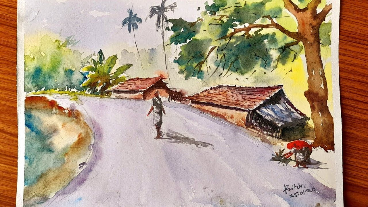 EASY VILLEGE SCENARY PAINTING BY WATERCOLOUR 