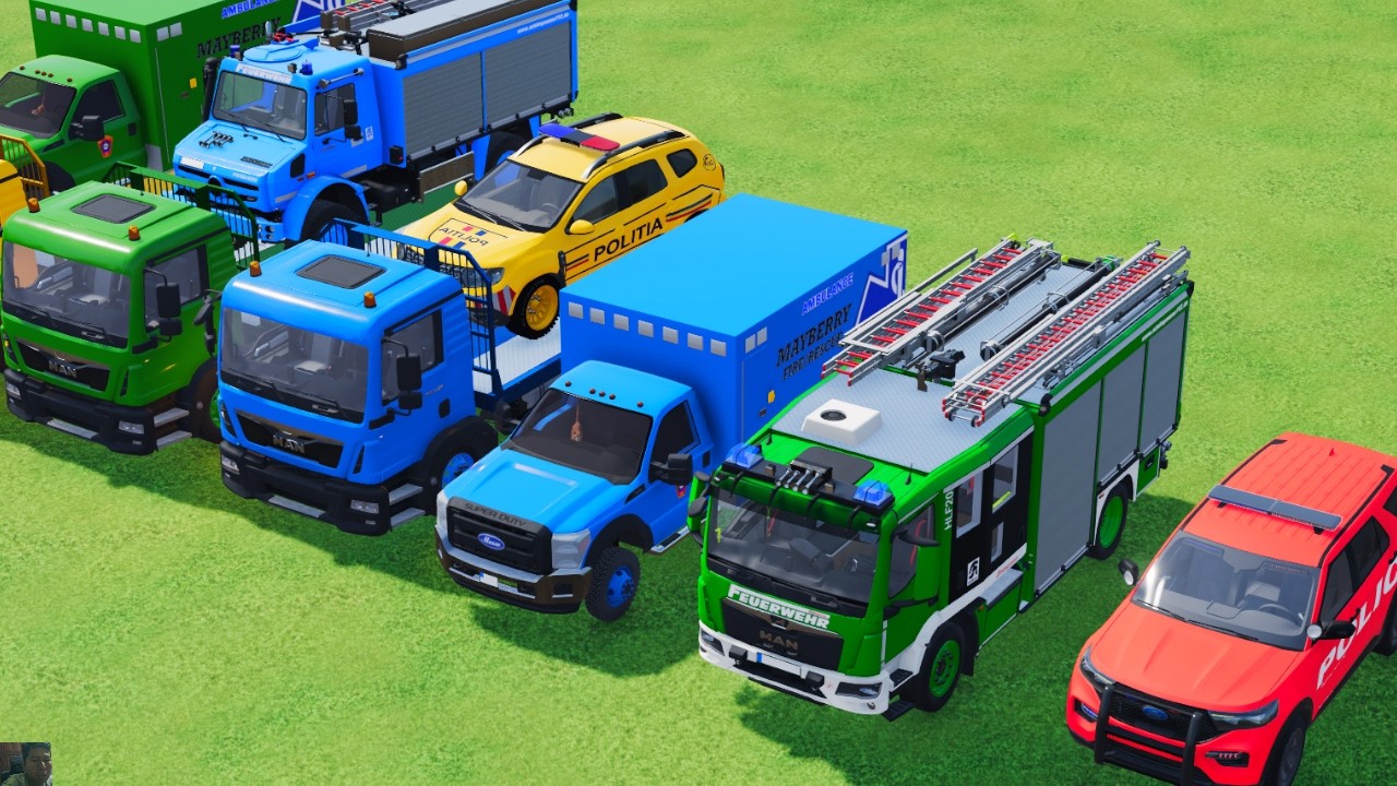 TRANSPORTING POLICE CARS, AMBULANCE, FIRE TRUCK, COLORFUL CARS WITH TRUCK GAME FARMING SIMULATOR 22