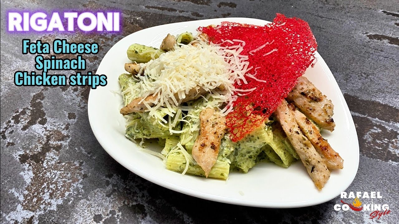 RIGATONI with feta cheese, spinach & chicken strips
