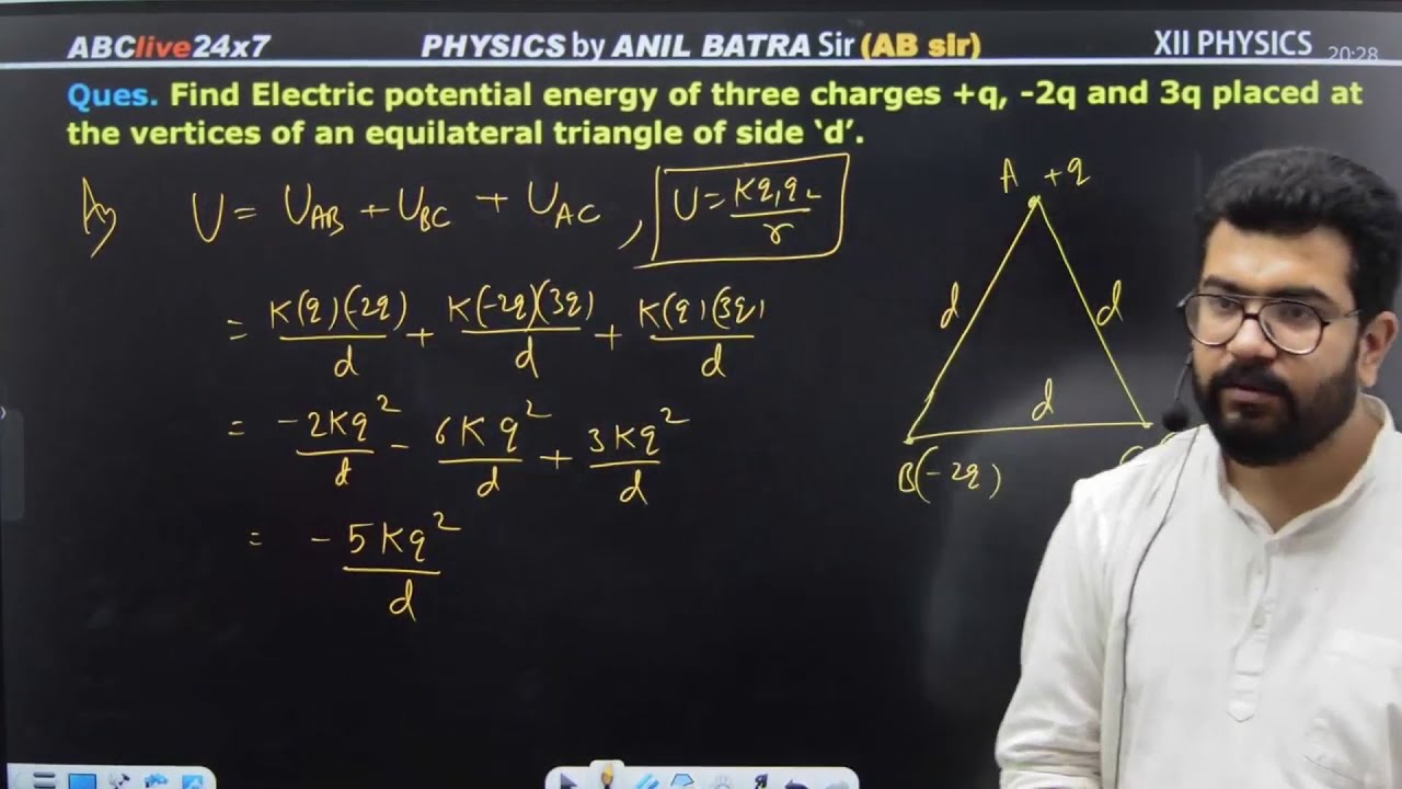Find Electric potential energy of three charges +q, -2q and 3q placed at the vertices of an equila