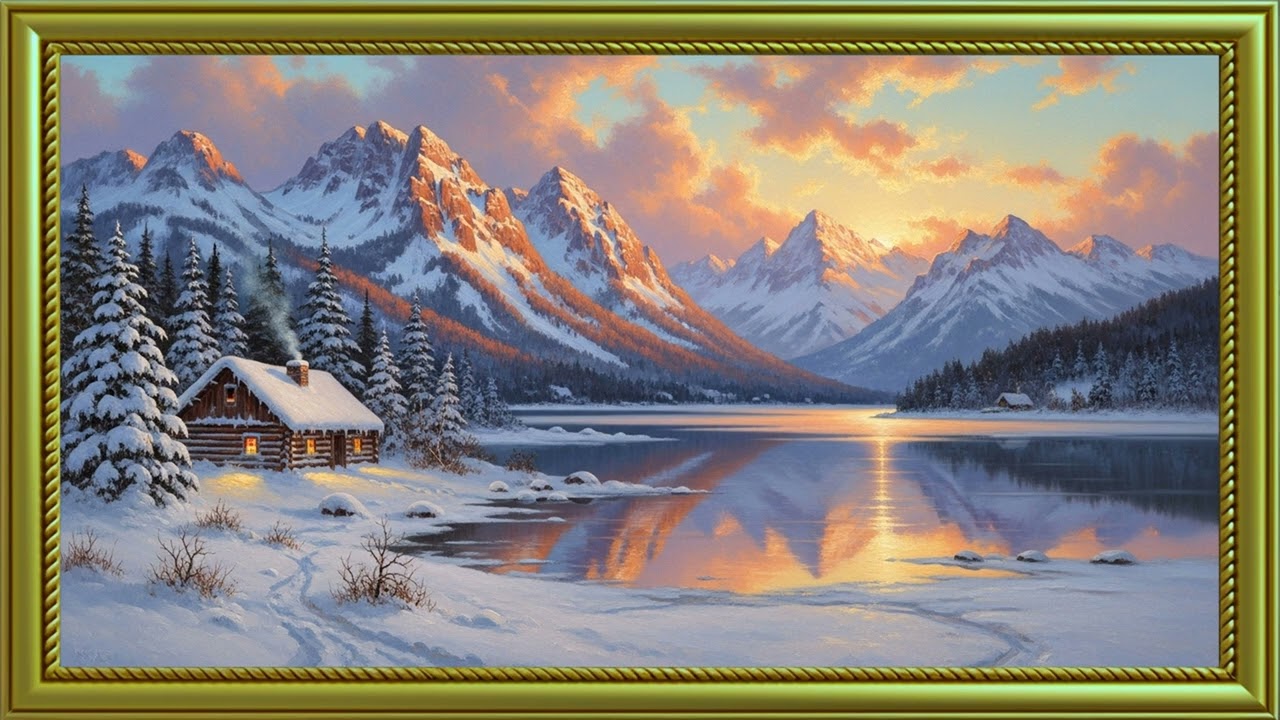 Snowy Mountain Lake & Cozy Wooden Cabin  Timeless Painting