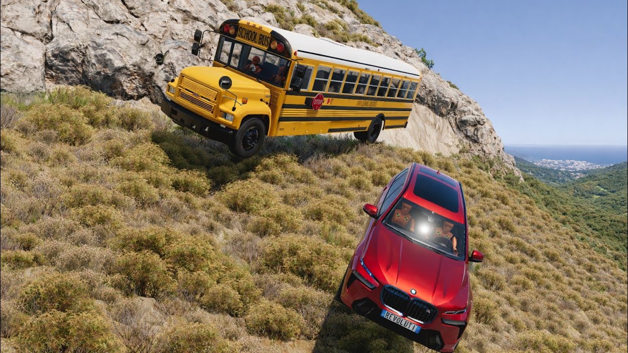 School Bus Vs Car Accident On Dangerous Cliff 😱 |  BeamNG.drive 