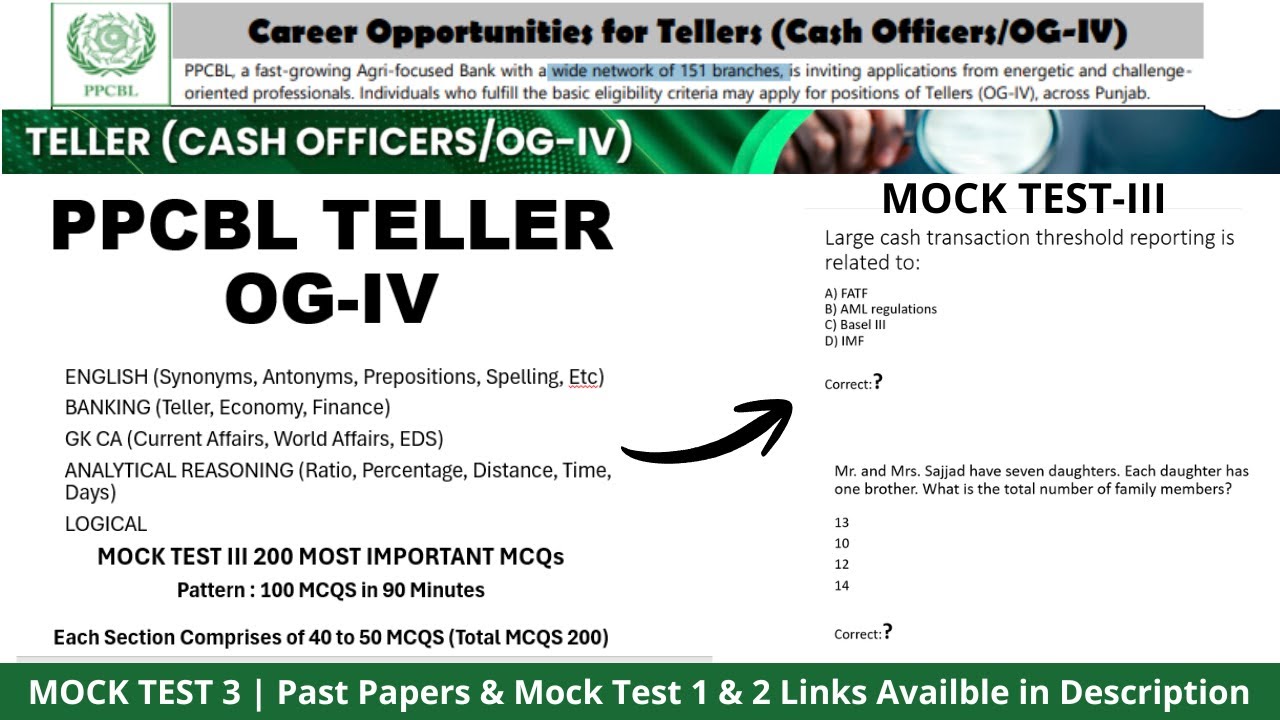 PPCBL Teller Officer OG-IV MOCK Test III | 200 Important MCQs |